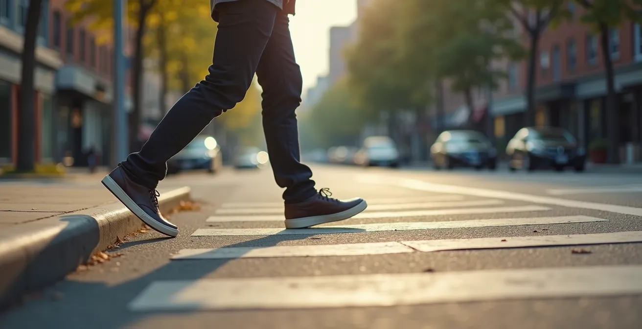 Vue rapprochée montrant l'orientation des pieds et des épaules d'un piéton sur le point de traverser