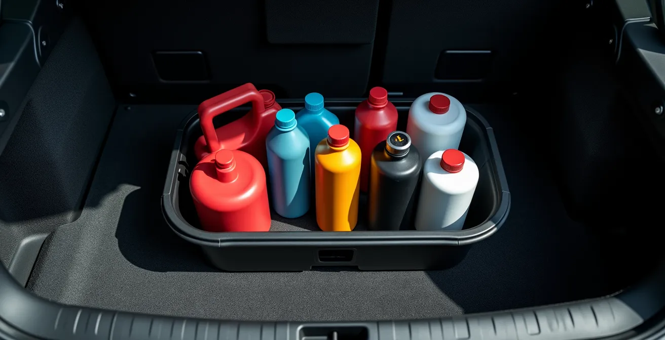 Vue en plongée d'un bac de rangement anti-fuite contenant des bidons d'huile et liquides automobiles