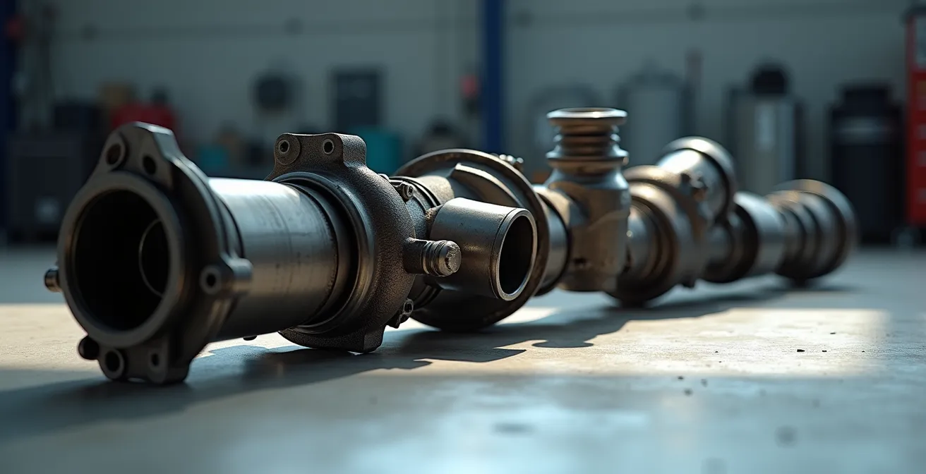 Vue en coupe d'un système moteur diesel montrant l'effet domino de l'encrassement