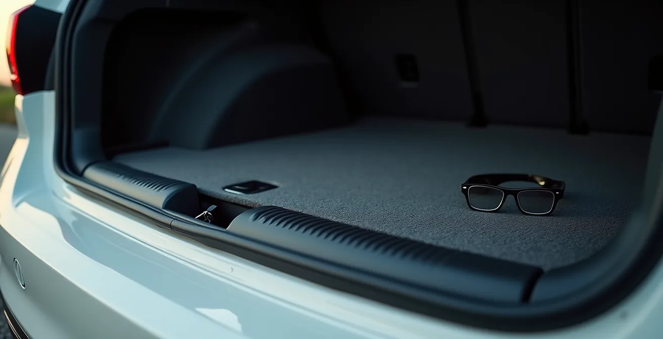 Coffre de voiture ouvert et vide avec effets personnels éparpillés au sol illustrant un vol