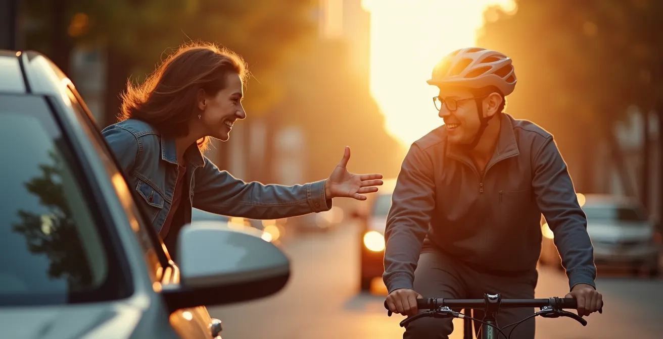 Scène montrant une communication respectueuse entre automobiliste et cycliste sans klaxon