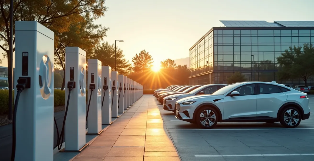 Parking d'entreprise avec rangée de véhicules électriques et hybrides, bornes de recharge visibles, ciel bleu et bâtiment moderne en arrière-plan