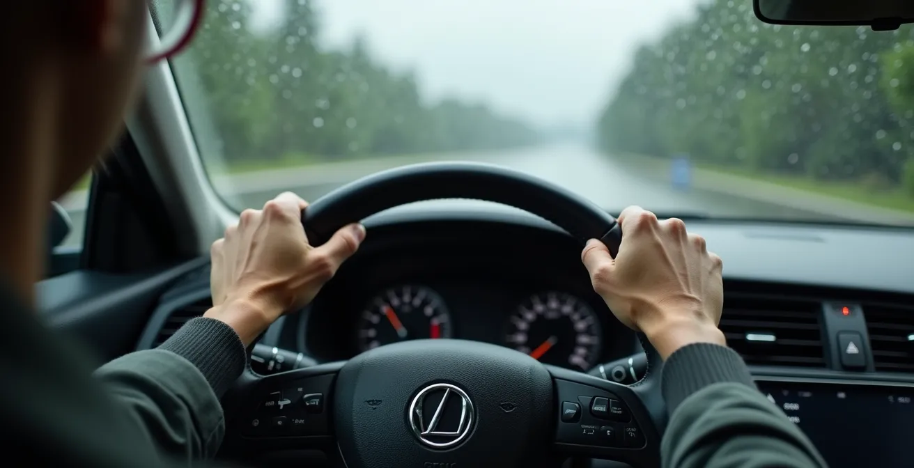 Mains d'un conducteur tenant fermement le volant droit pendant un aquaplaning