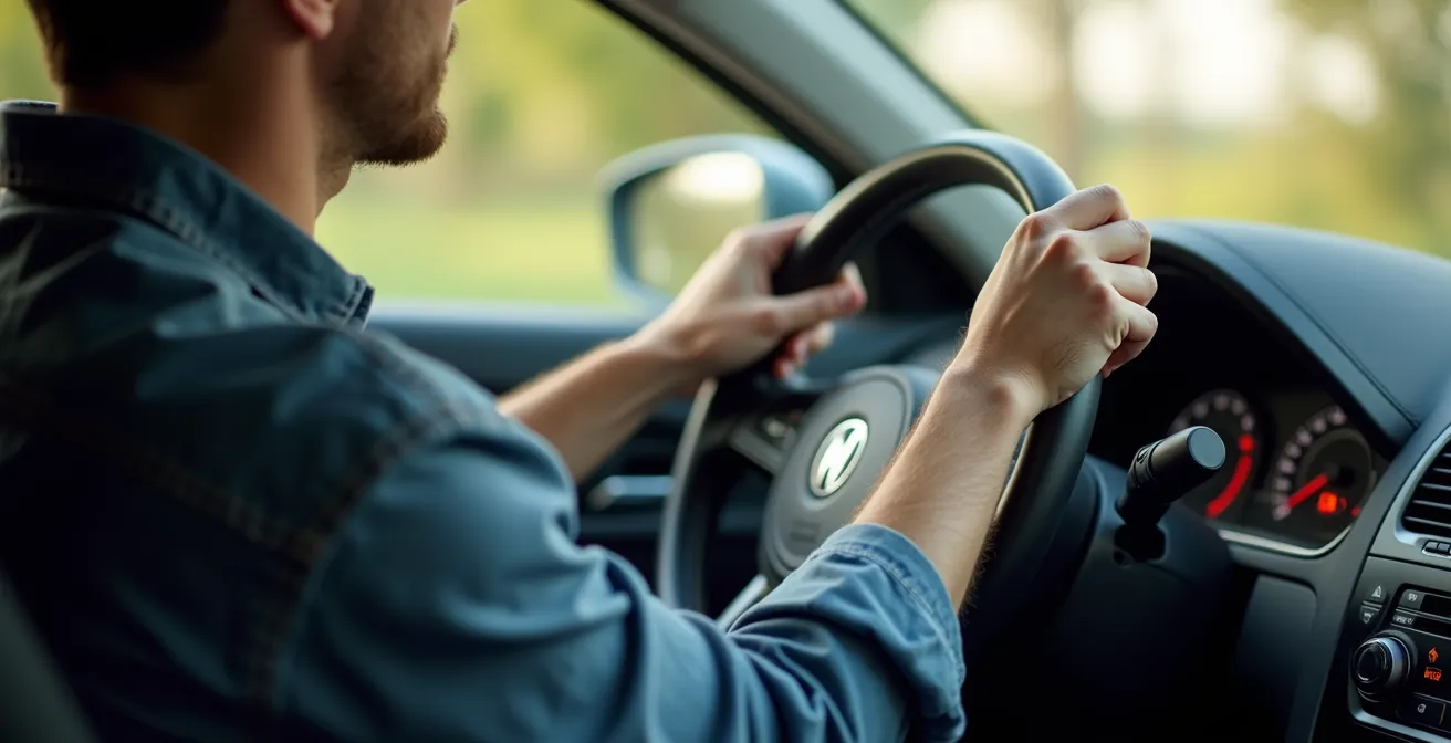 Vue latérale d'un conducteur ajustant le volant réglable en profondeur
