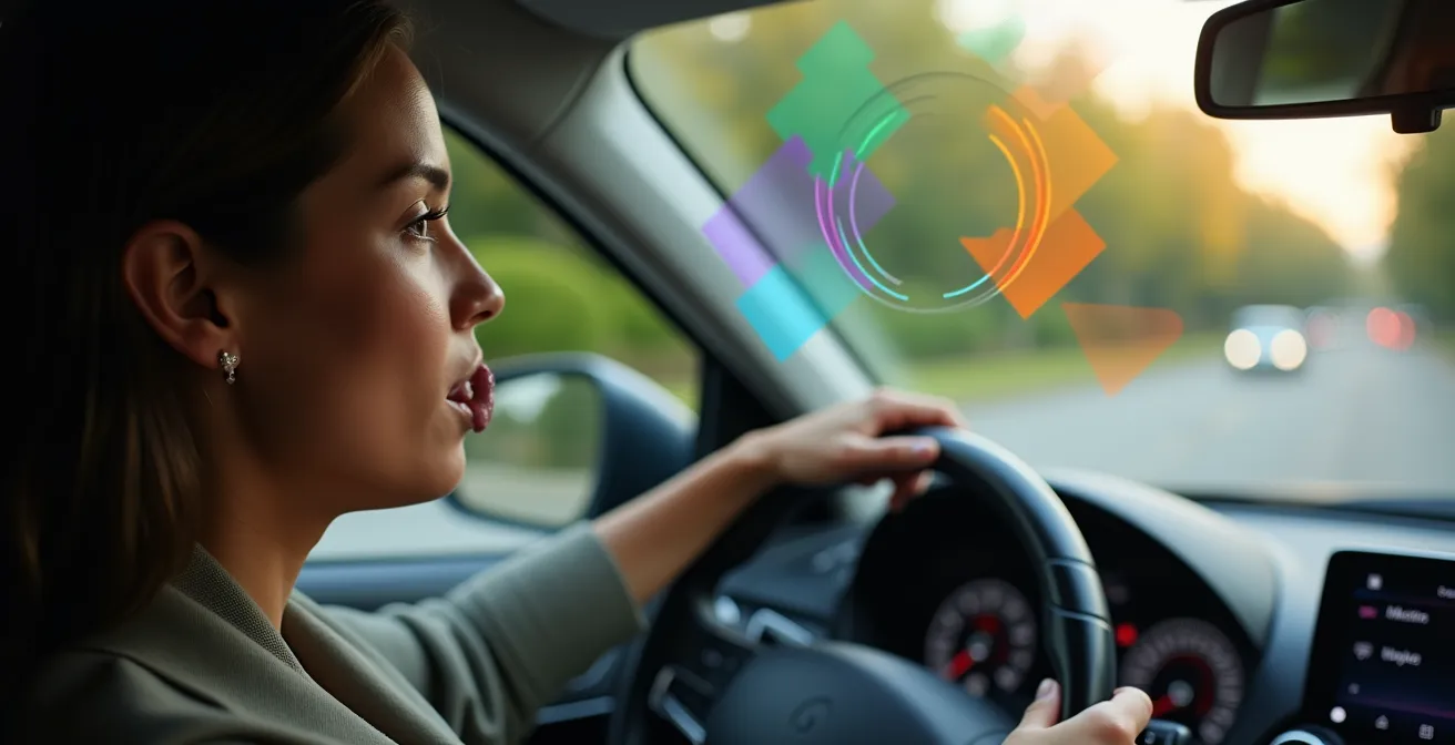 Conducteur gardant les mains sur le volant et les yeux sur la route tout en utilisant la commande vocale