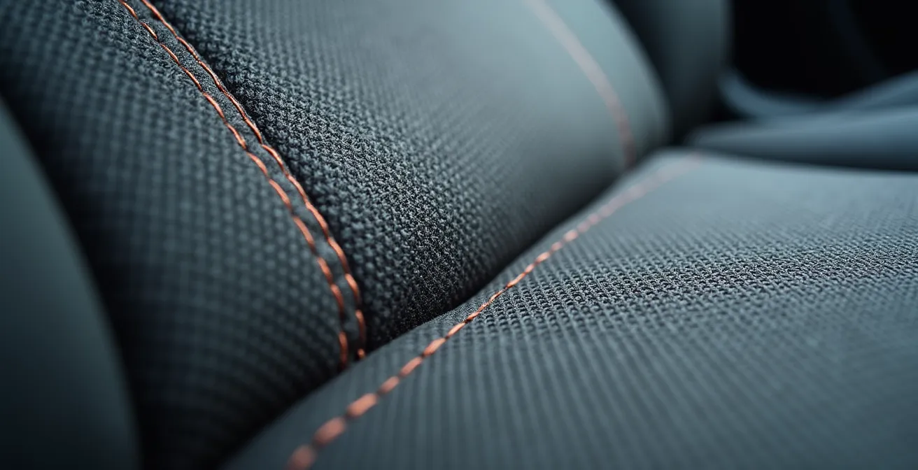 Gros plan sur une couture fusible de housse de siège automobile compatible airbag