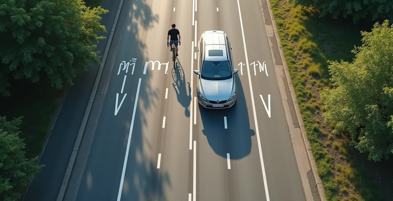 Vue aérienne illustrant la distance de sécurité entre voiture et cycliste lors d'un dépassement en ville et à la campagne