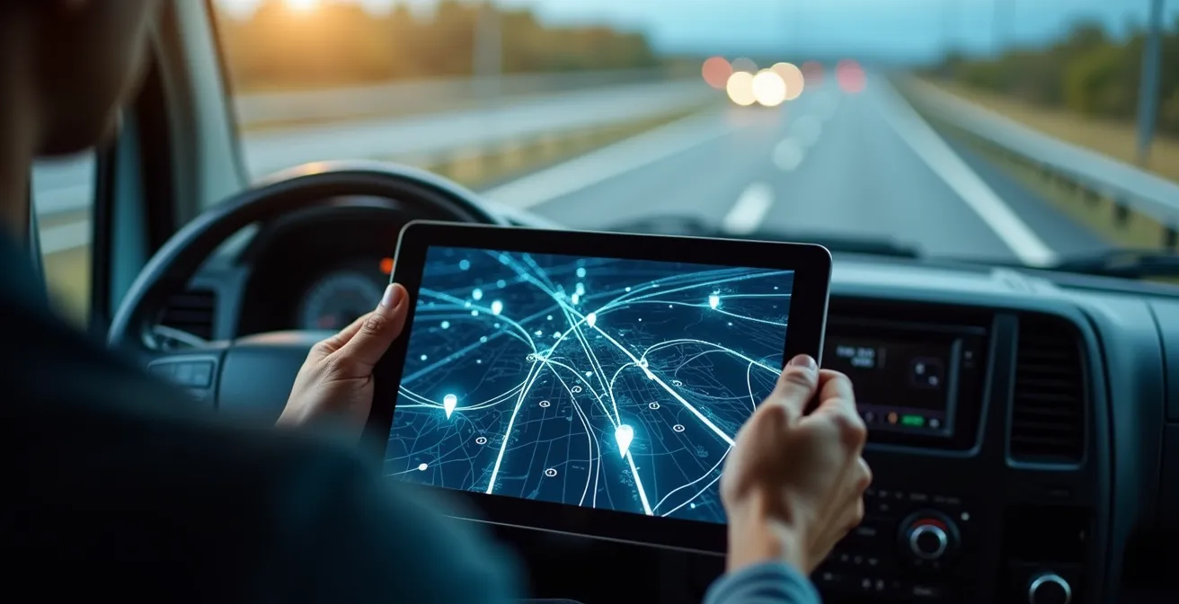Interface de suivi GPS montrant la position d'un camion de livraison en temps réel