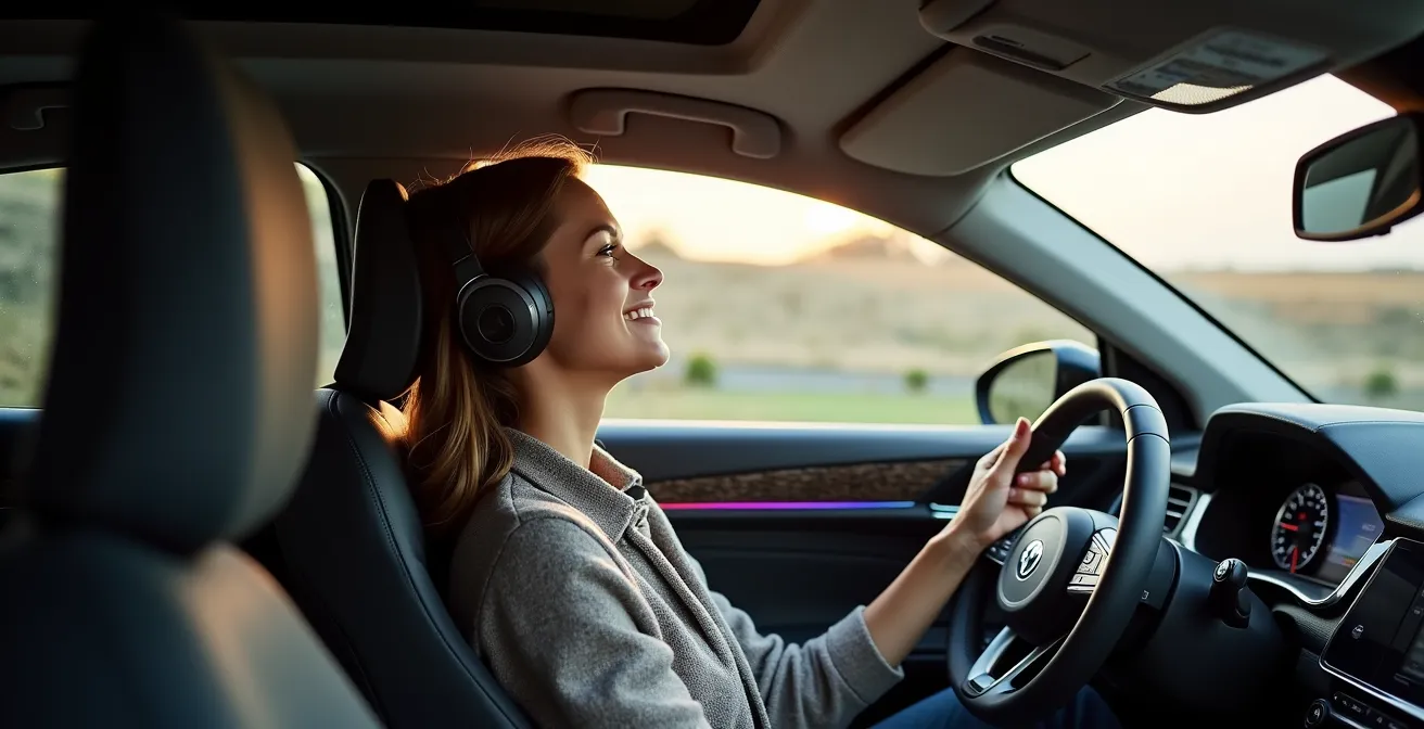 Vue panoramique d'un habitacle automobile avec système audio haut de gamme et traitement acoustique visible