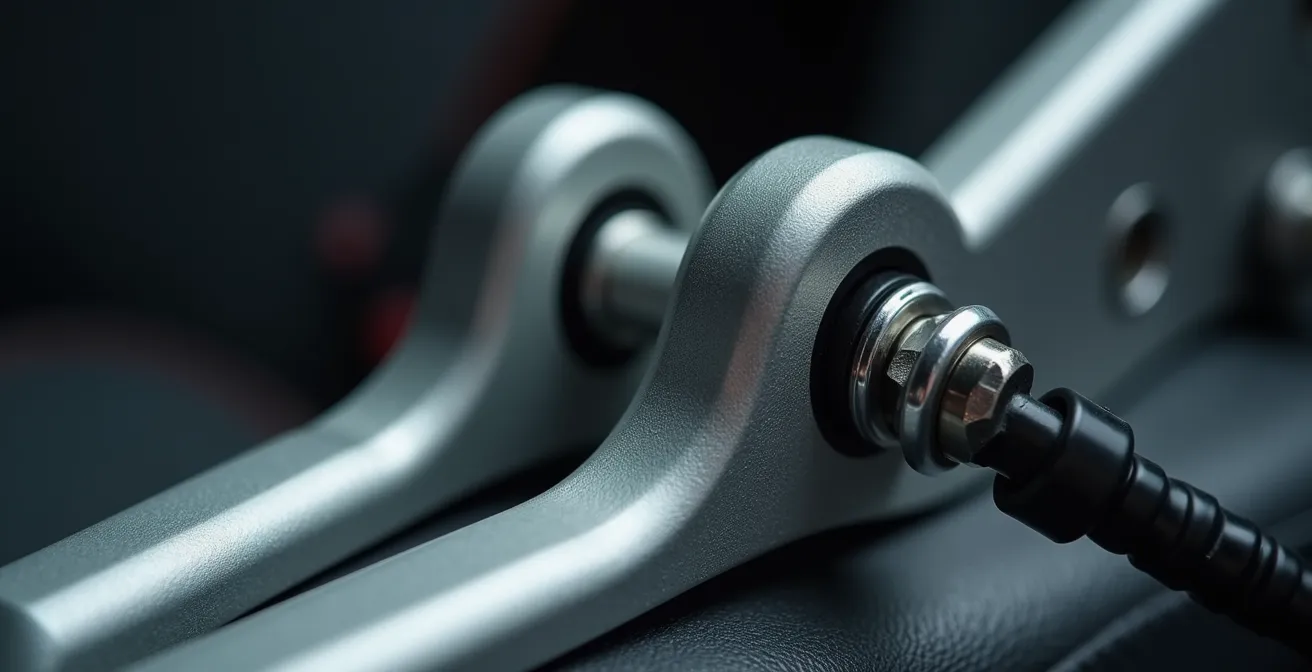 Vue détaillée de l'installation d'un siège auto avec système ISOFIX montrant les points d'ancrage métalliques et la connexion sécurisée