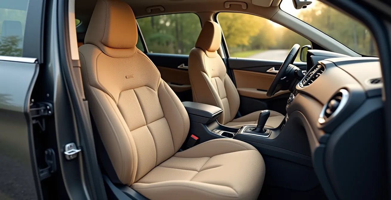 Intérieur automobile transformé avec housses de sièges colorées créant une ambiance personnalisée