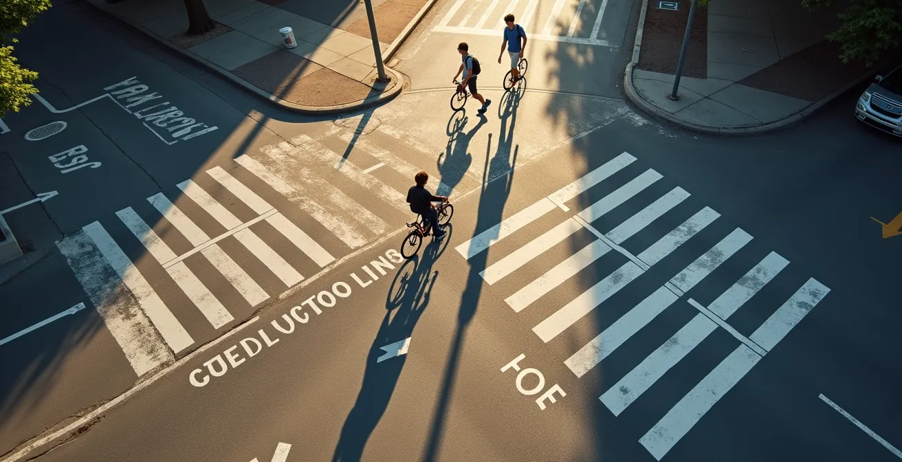 Vue aérienne d'une intersection montrant un passage piéton traversant une piste cyclable bidirectionnelle