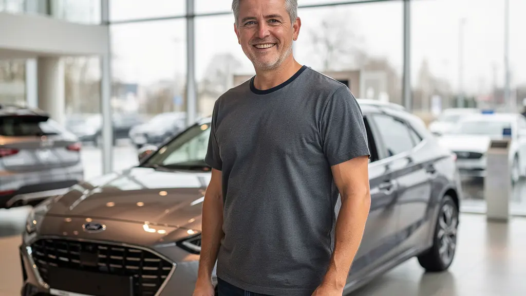 Client devant son véhicule neuf dans une concession automobile moderne