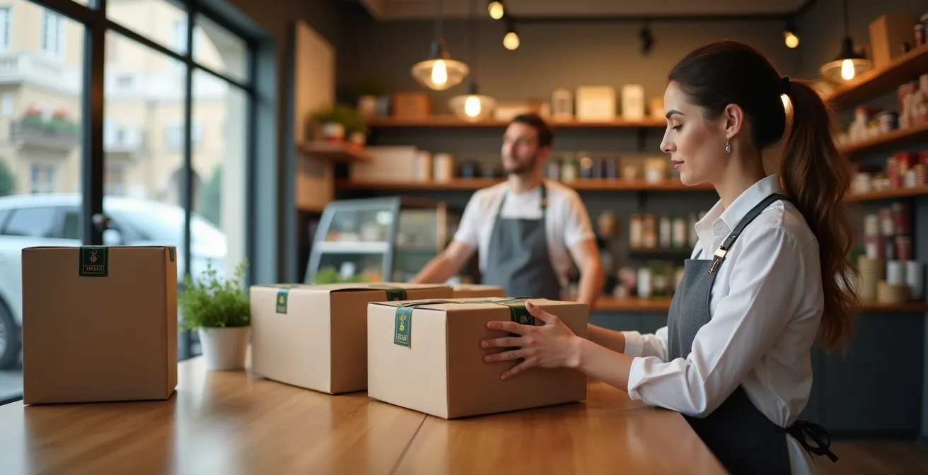 Livreur déposant des colis dans un commerce de proximité servant de point relais