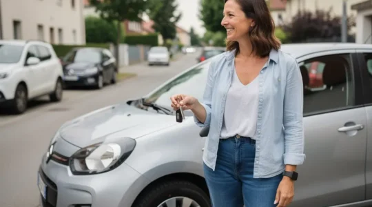Propriétaire satisfaite devant sa voiture récemment achetée dans une rue résidentielle