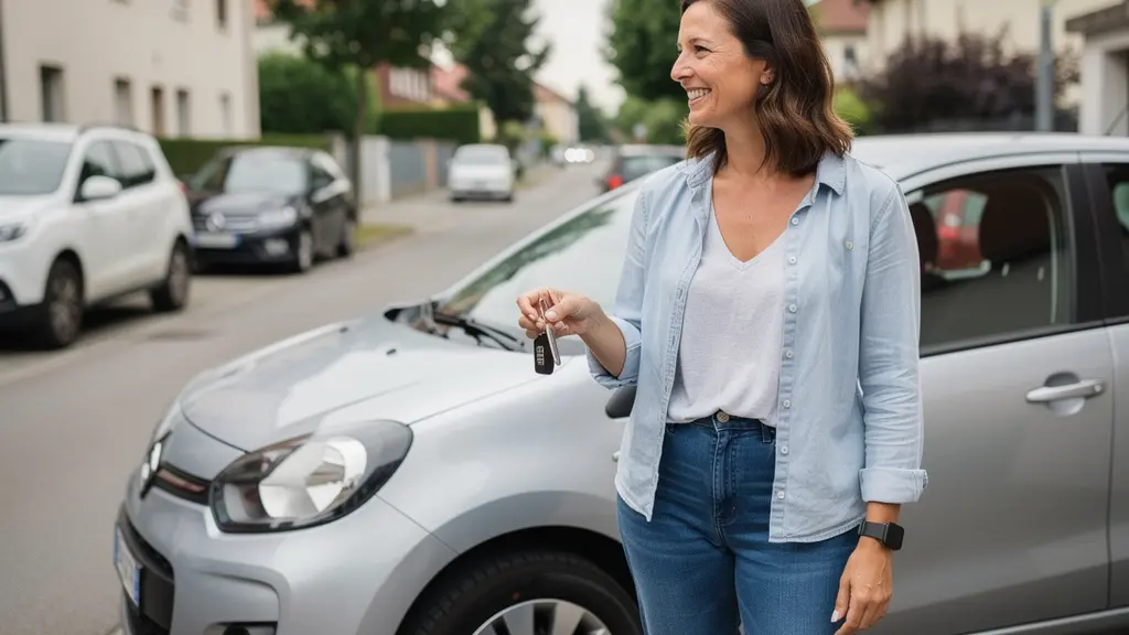 Propriétaire satisfaite devant sa voiture récemment achetée dans une rue résidentielle