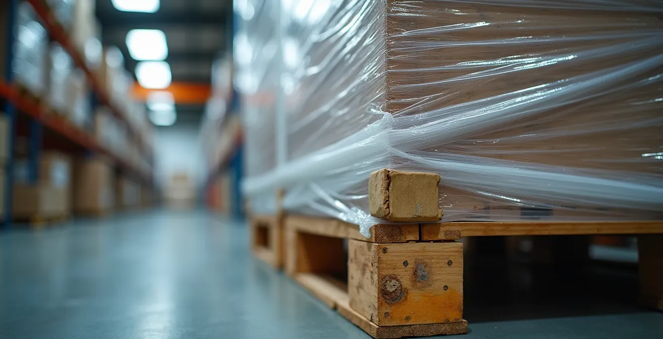 Palette de marchandises de haute valeur sécurisée avec film de protection et sangles
