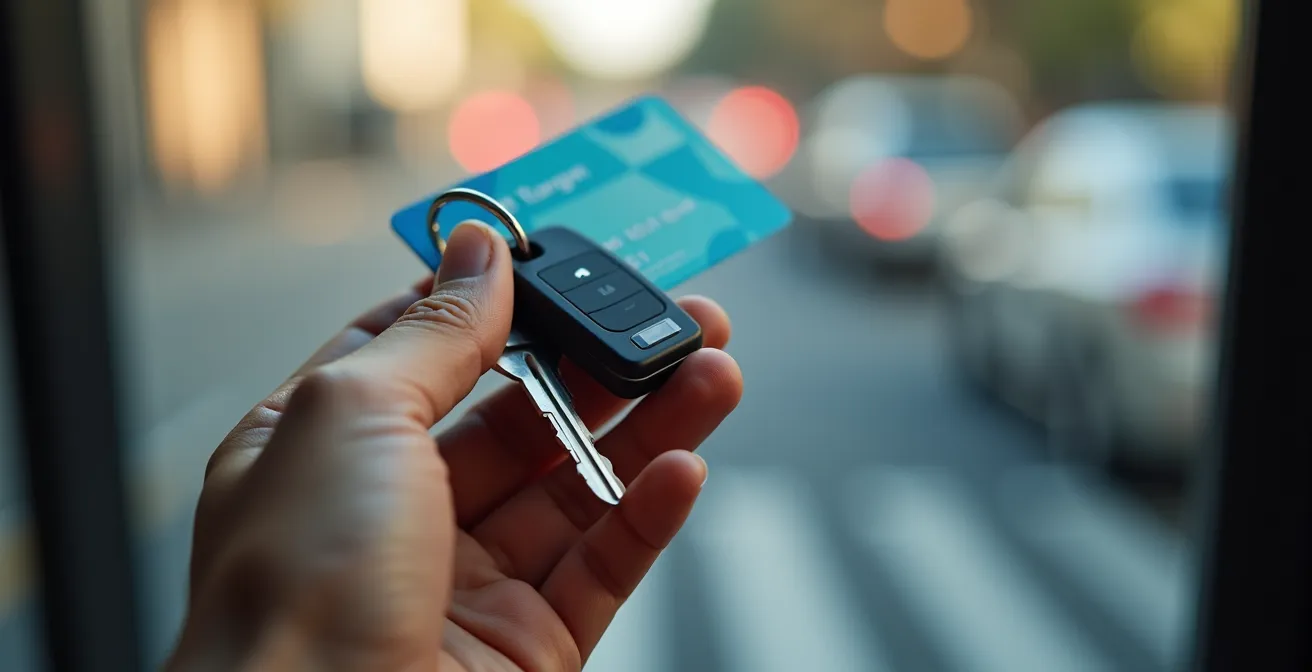 Vue macro d'une main tenant simultanément des clés de voiture et un pass de transport en commun