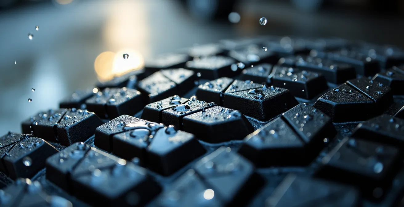 Vue macro des sculptures d'un pneu neuf évacuant l'eau sur chaussée mouillée