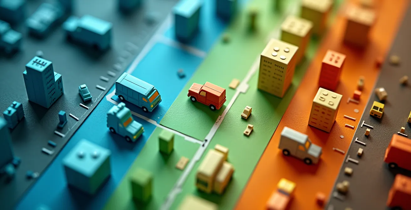 Vue aérienne de zones urbaines colorées représentant une sectorisation dynamique pour l'optimisation des tournées