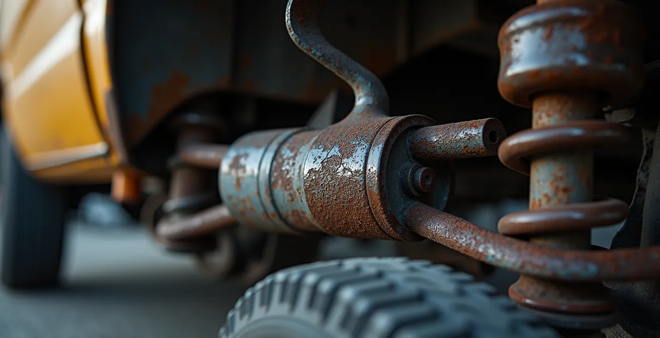 Vue macro détaillée d'une suspension de fourgon sous contrainte excessive