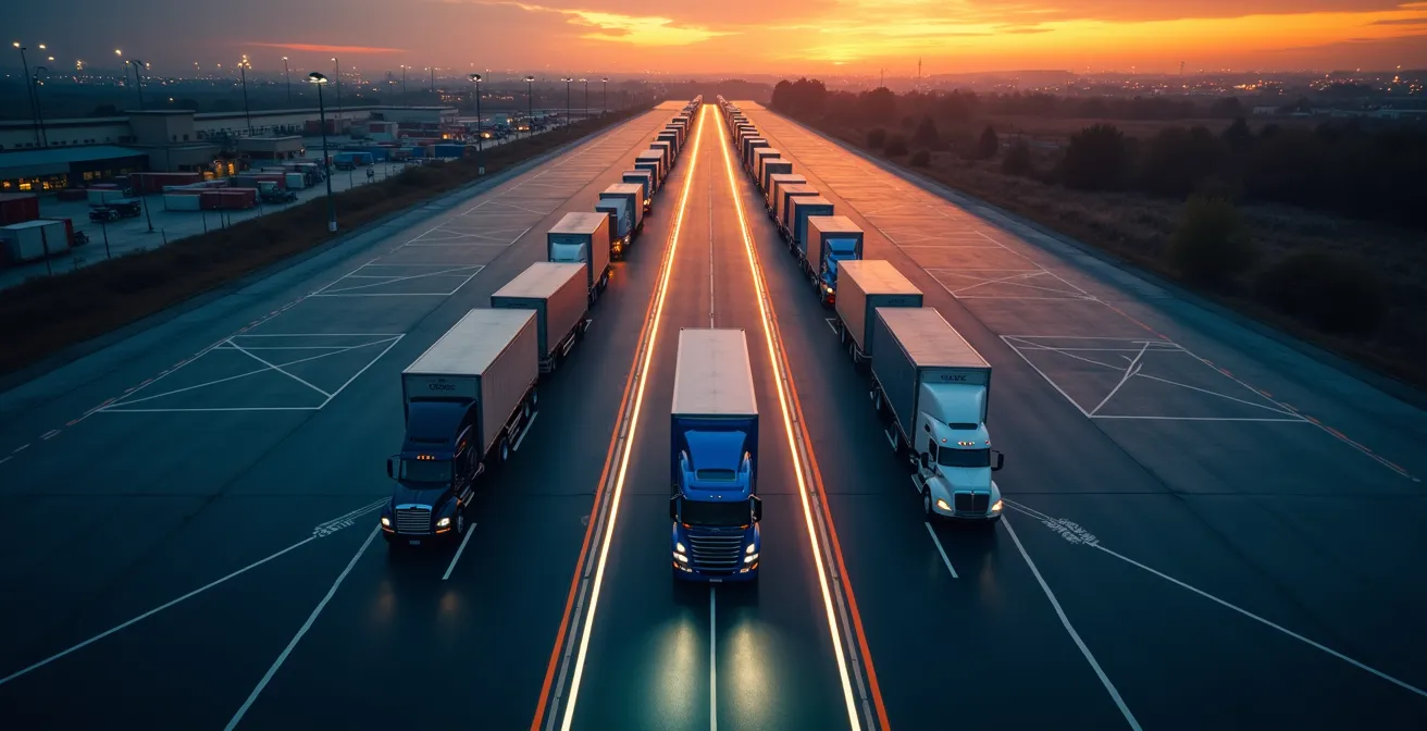 Vue aérienne d'un entrepôt logistique avec zones de sécurité virtuelles représentées par des cercles lumineux au sol