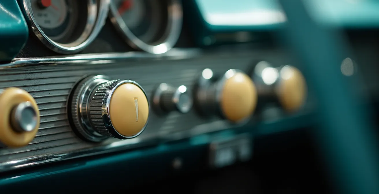 Tableau de bord vintage avec autoradio classique et commandes