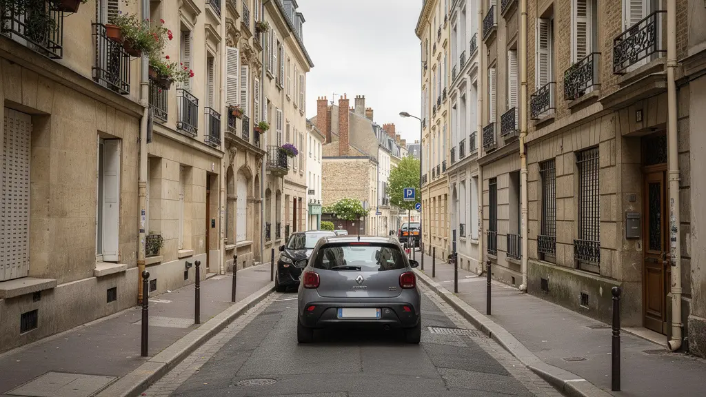 Voiture compacte stationnée dans une rue résidentielle française typique
