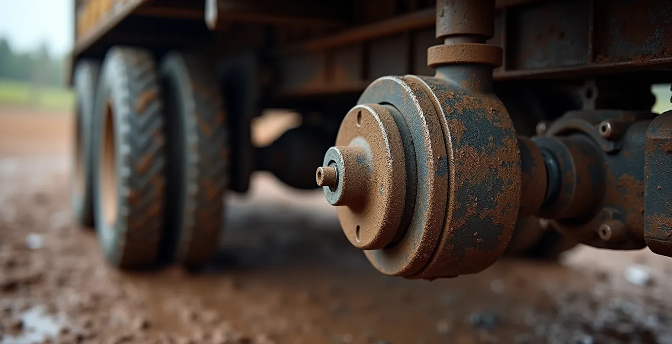 Détail macro du système de blocage de différentiel d'un camion sur terrain boueux