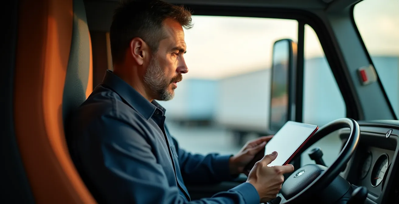 Chauffeur consultant une tablette de suivi GPS dans la cabine d'un camion frigorifique