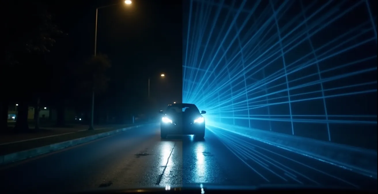 Comparaison visuelle entre vision caméra et Lidar de nuit sur route