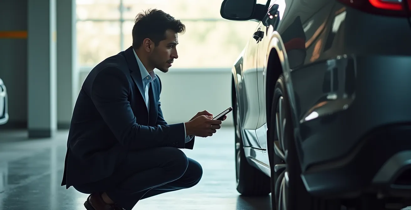 Personne effectuant une inspection méthodique autour d'un véhicule avec smartphone