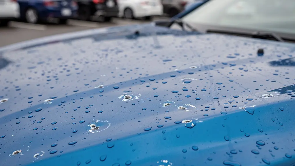 Détail de carrosserie bleue montrant des impacts de grêle sur un capot de voiture Détail de carrosserie bleue montrant des impacts de grêle sur un capot de voiture