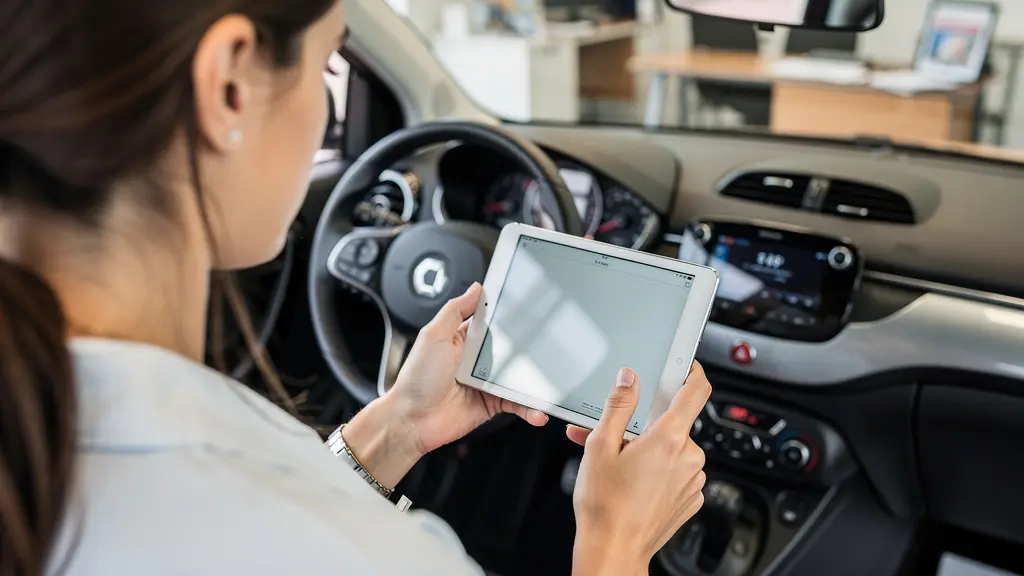 Jeune femme européenne consultant une tablette dans une concession automobile d'occasion Jeune femme européenne consultant une tablette dans une concession automobile d'occasion